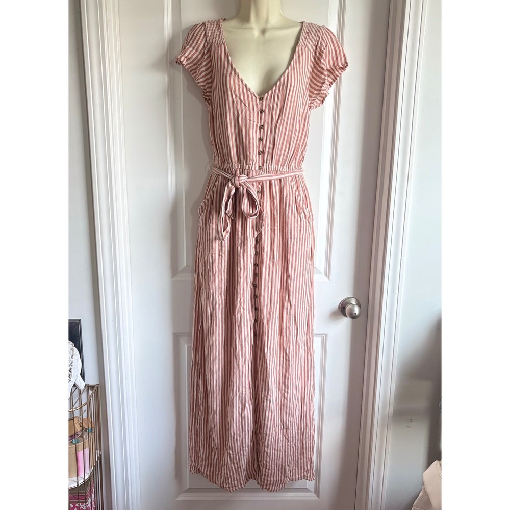 American Eagle Pink White Striped Maxi Dress Button Front Tie Waist Small